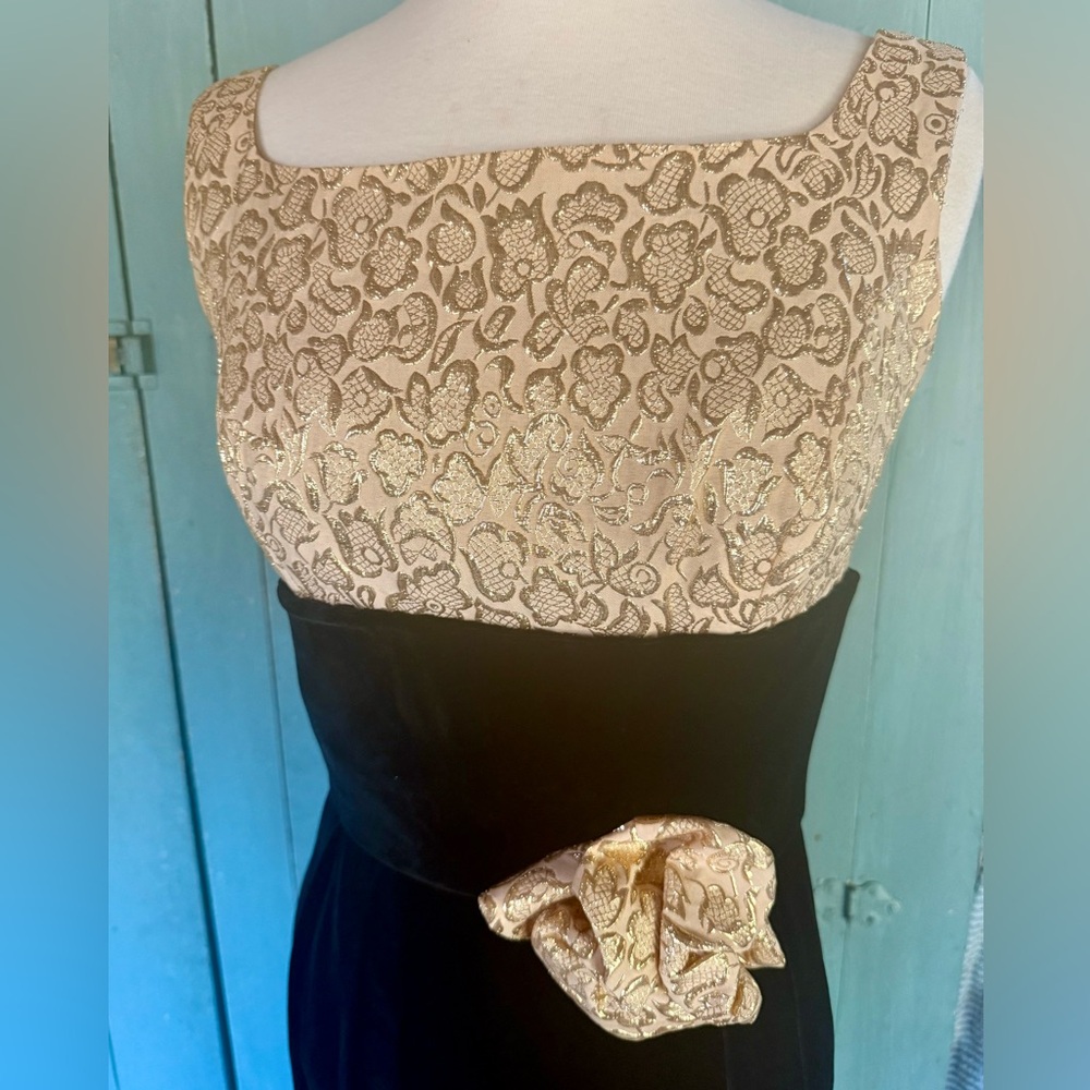 VTG Bespoke Gold Black Velvet Maxi Pencil Gown Cocktail Formal Dress Boat Neck